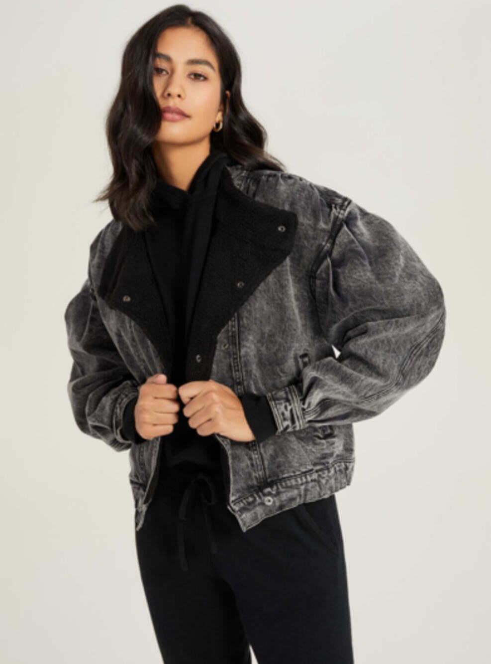 Something Navy Teddy Denim Moto Jacket Washed Black NEW Size Large